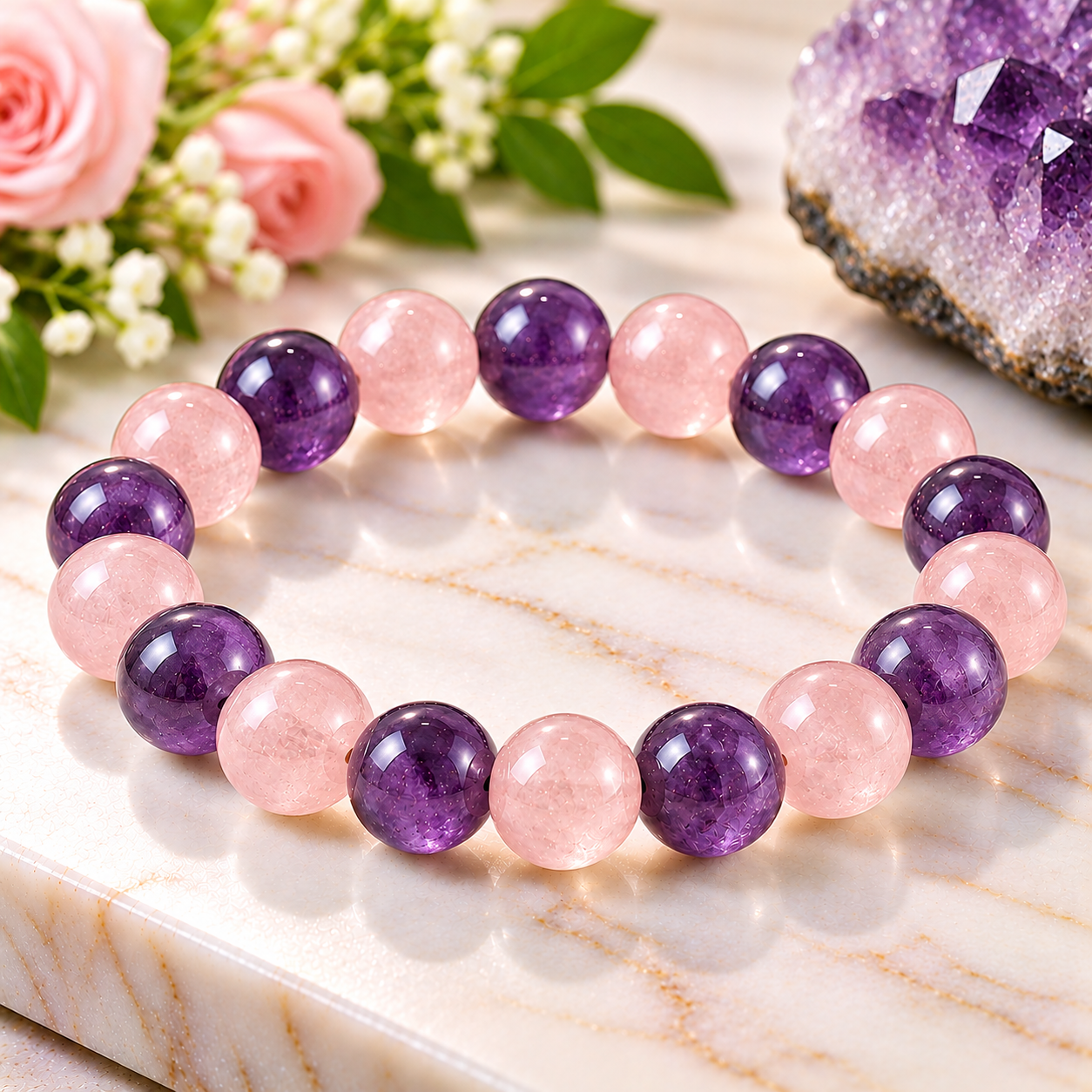 Rose Quartz & Amethyst Crystal Bracelet